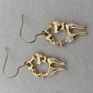 Gold Kitty Cat Dangle Earrings With Clear Rhinestones